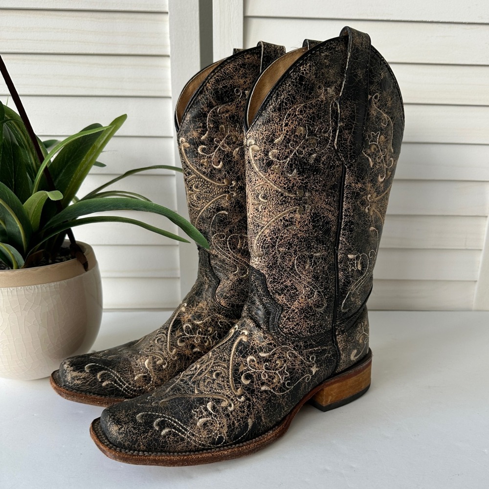 Circle G Crackle Diamond Embroidered Leather Western Boots Square Toe 7.5 M